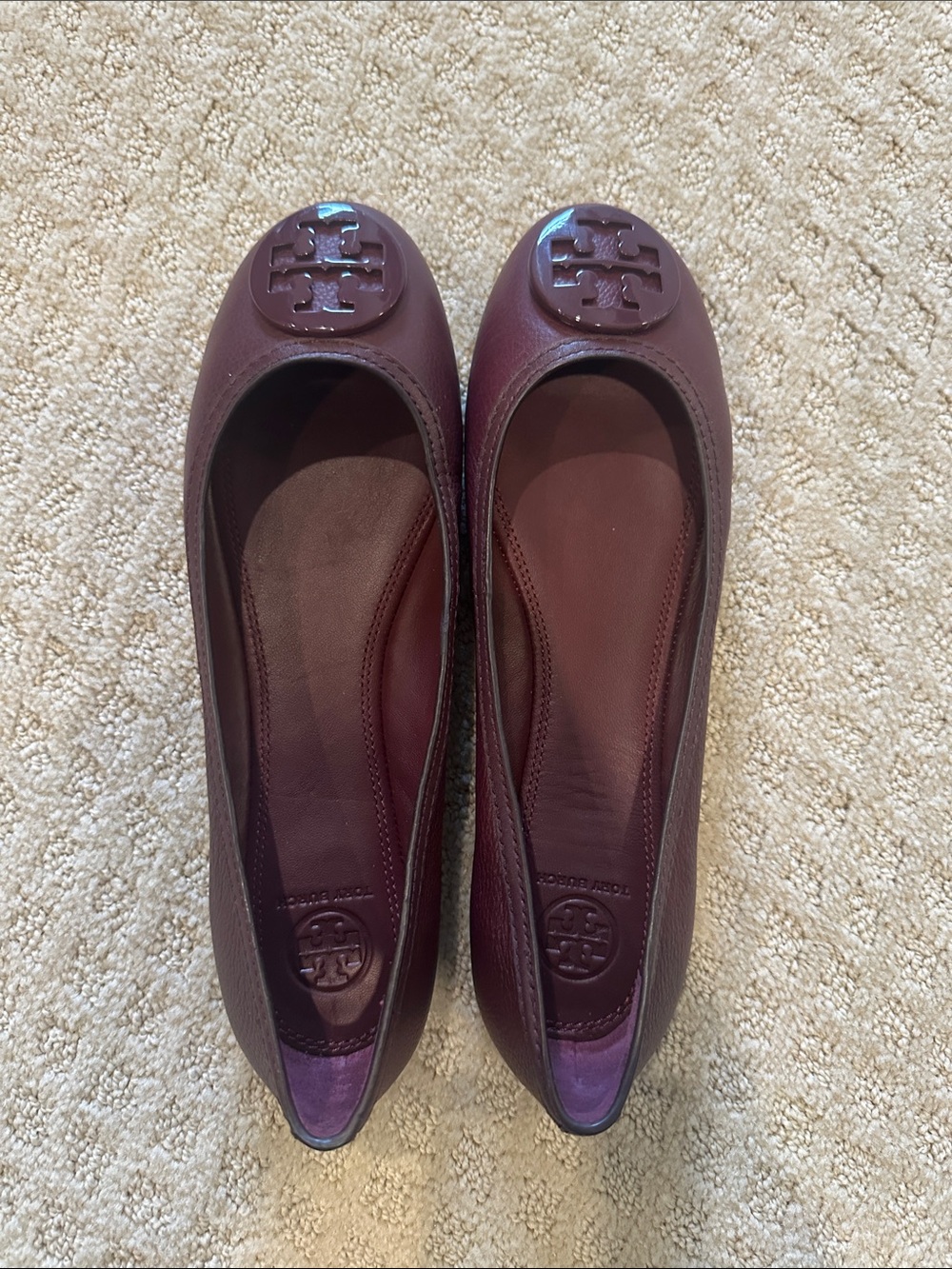 Tory Burch Burgundy Leather Logo Ballet Flats